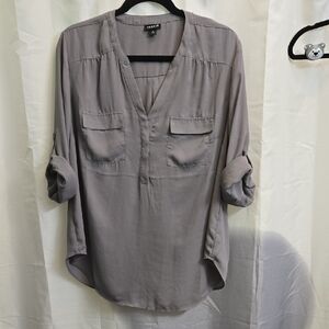 Torrid Gray Tan Cuffed Sleeve Blouse with Mandarin Collar